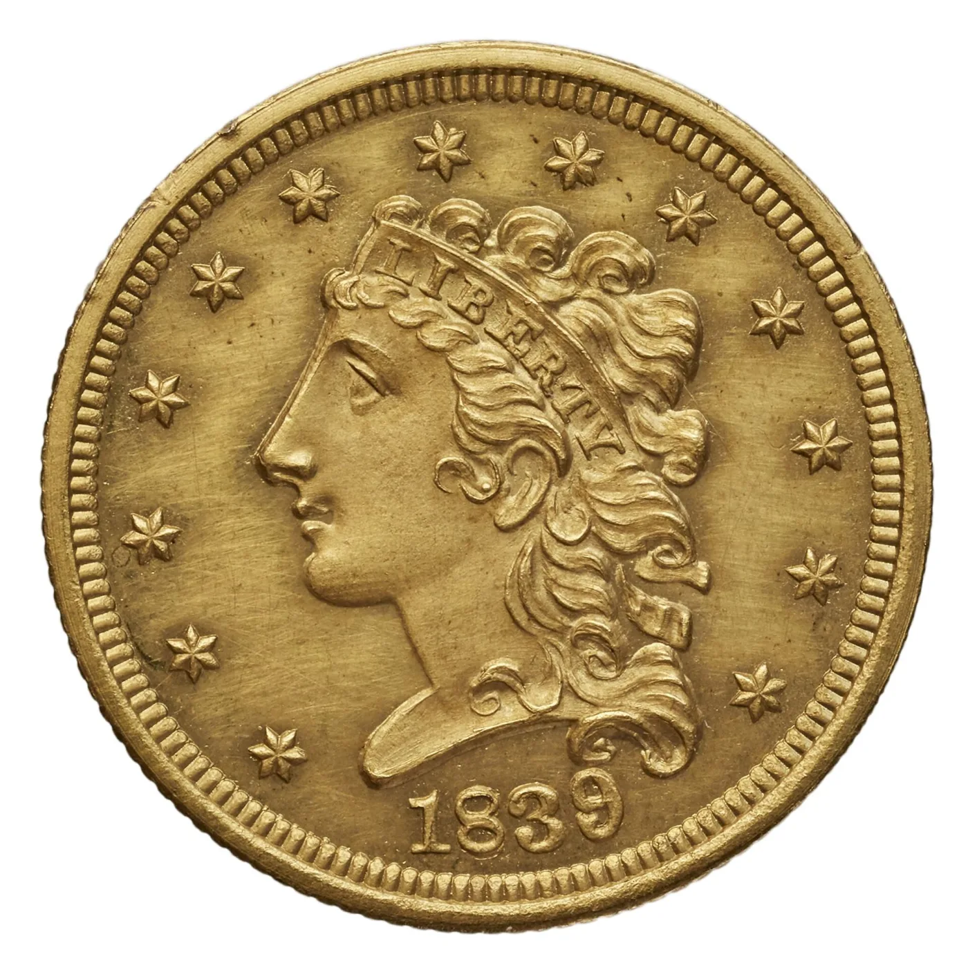 Obverse of an 1839 Classic Head quarter eagle showing Liberty facing left, a flat fillet inscribed LIBERTY across the brow, thirteen stars around the rim and the date 1839 below