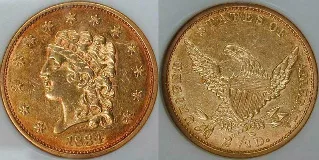 Both faces of a circulated Classic Head quarter eagle photographed at snapshot resolution, the bare fillet-bound head and 2 1/2 D. under the eagle still readable while the four digits of the date collapse into a blur