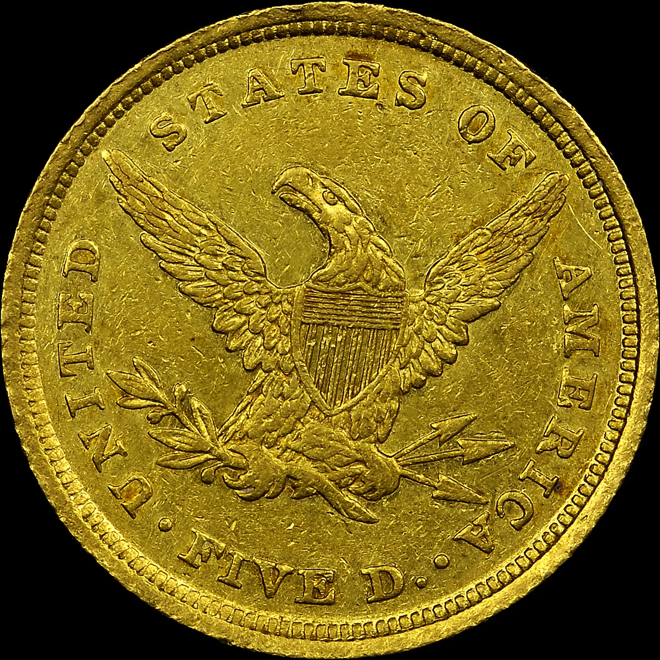 Reverse of an 1839 gold five dollar coin that a grading service recorded as improperly cleaned