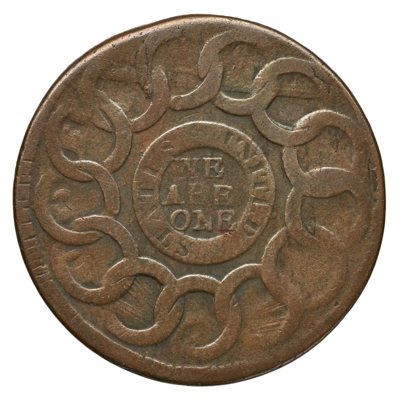Reverse of a 1787 Fugio cent showing thirteen interlinked rings encircling a central circle that reads WE ARE ONE