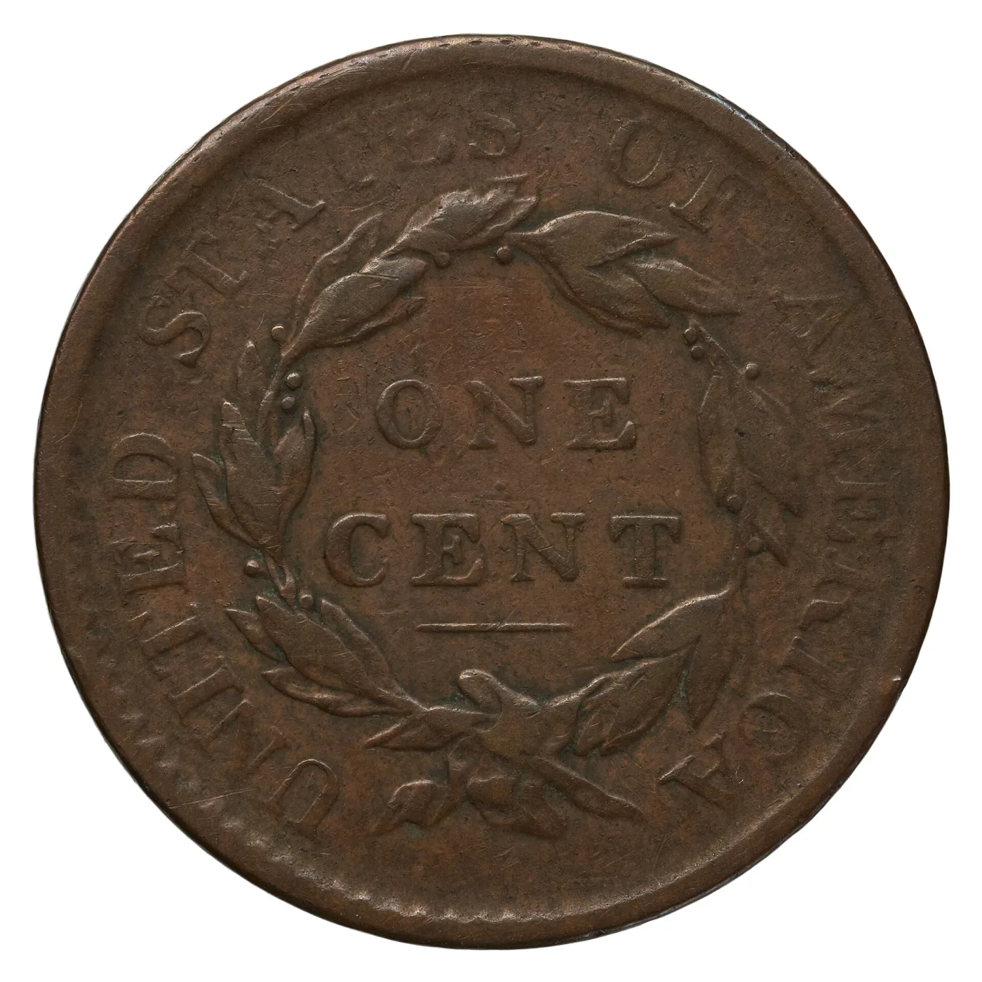 Reverse of a circulated 1816 Coronet Head large cent showing ONE CENT inside a wreath, UNITED STATES OF AMERICA around the border and an empty field beneath the bow