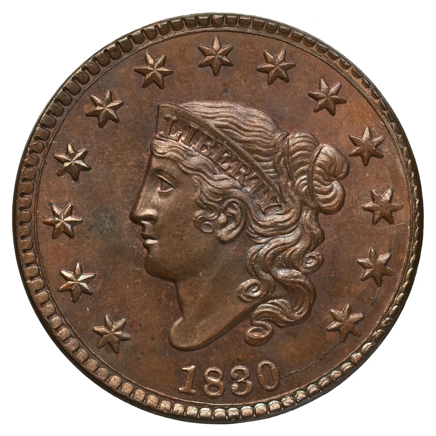 Obverse of an 1830 Coronet Head large cent in high grade, Liberty facing left with a full rounded cheek and heavy jaw, a coronet lettered LIBERTY, thirteen stars around and the date 1830 below