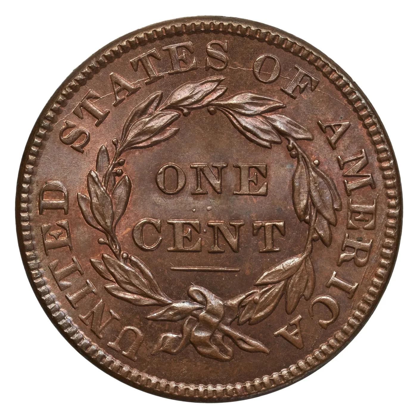Reverse of an 1837 Coronet Head large cent in high grade showing ONE CENT inside a laurel wreath with UNITED STATES OF AMERICA around the border, closely resembling the 1830 reverse