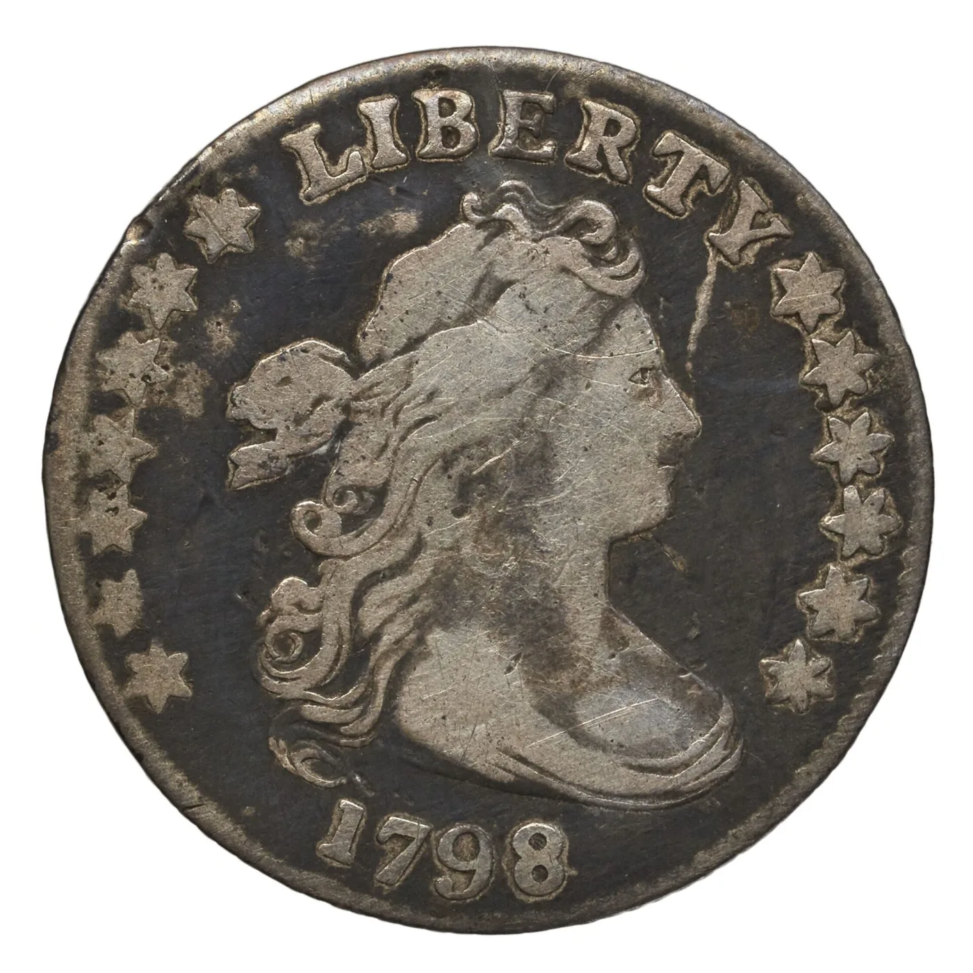 Obverse of an 1798 Draped Bust dime with the date legible below the bust truncation