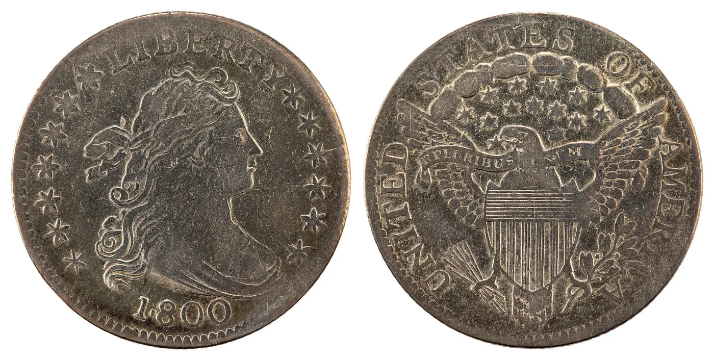 Obverse and reverse of an 1800 Draped Bust dime shown side by side, with no mint mark on either face