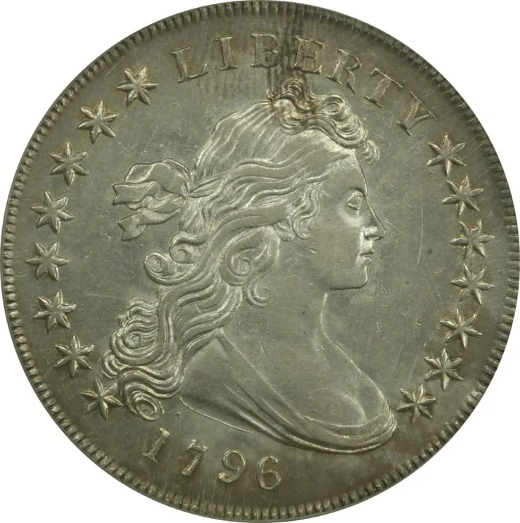 Obverse of a lightly toned 1796 Draped Bust dollar showing Liberty facing right, LIBERTY across the top and the date 1796 below the bust truncation