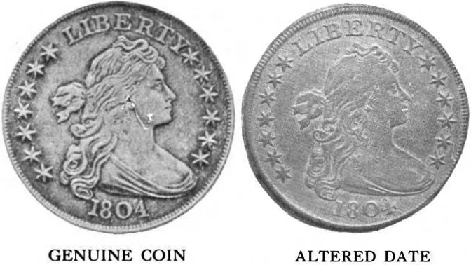 Halftone print showing two 1804-dated Draped Bust dollar obverses side by side, captioned GENUINE COIN on the left and ALTERED DATE on the right