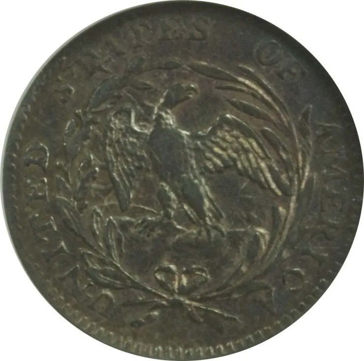 Small Eagle reverse of a 1796 Draped Bust half dime, with the eagle on a cloud inside an open wreath and no statement of denomination anywhere