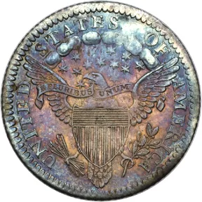 Heraldic Eagle reverse of an 1800 Draped Bust half dime, showing the shielded eagle with the E PLURIBUS UNUM ribbon and stars above