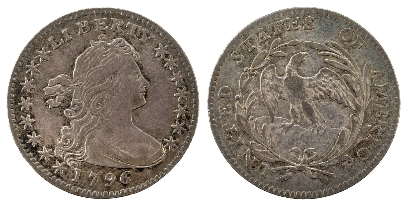 Obverse and reverse of a 1796 Draped Bust half dime, showing Liberty facing right with ribbon-tied hair and the Small Eagle reverse within an open wreath