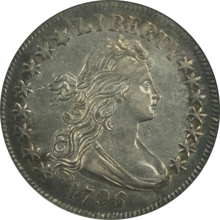 Obverse of a 1796 Draped Bust half dollar with the date 1796 below the bust and fifteen stars arranged eight on the left and seven on the right