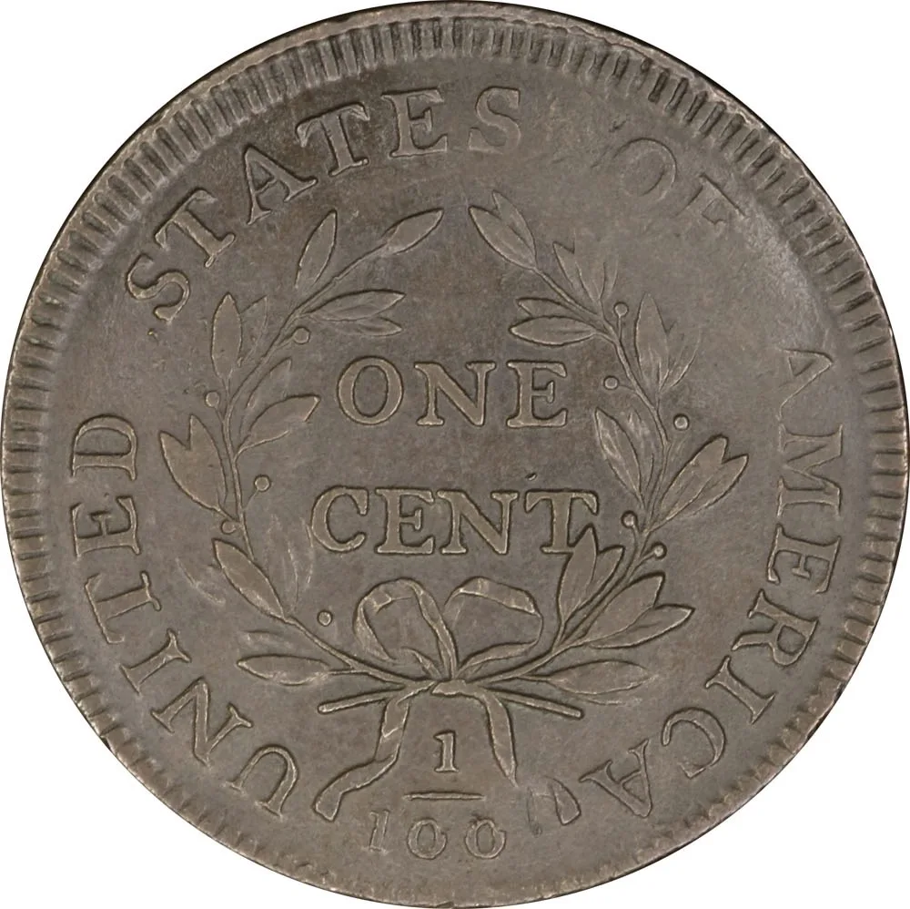 Reverse of the same 1797 large cent, ONE CENT inside an open laurel wreath tied with a bow, UNITED STATES OF AMERICA around the rim and the fraction 1/100 below the bow