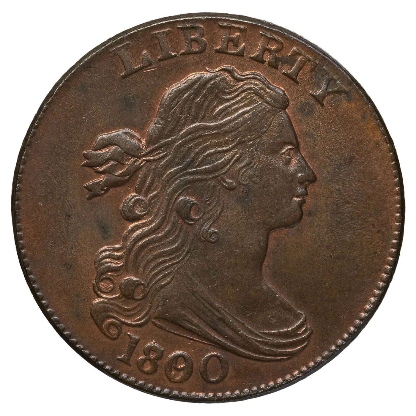 Obverse of a glossy brown 1800 Draped Bust large cent, Liberty facing right, LIBERTY above and the date 1800 below the bust with an older digit visible inside the third numeral