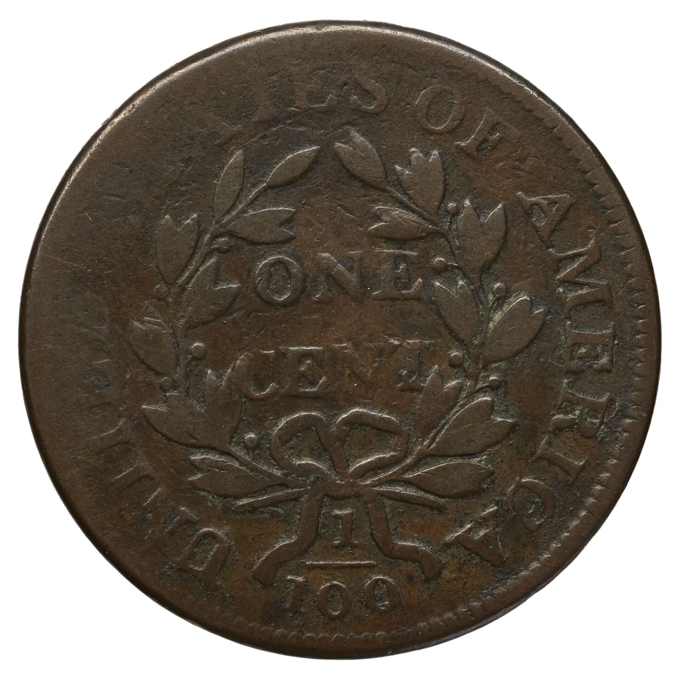 Reverse of the same 1804 large cent, the upper-left rim and lettering swallowed by a smooth raised die break while ONE CENT and the fraction 1/100 remain clear