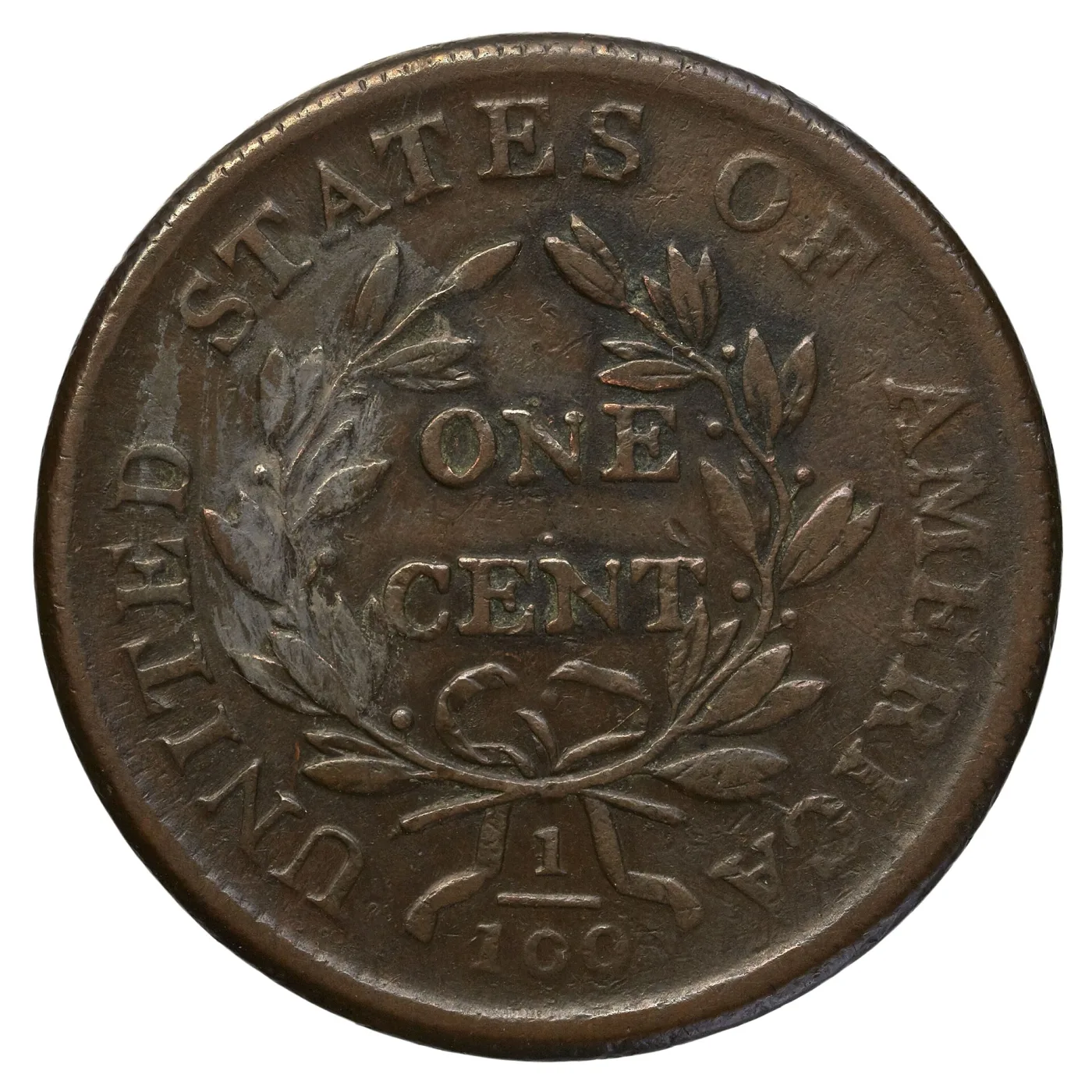 Reverse of the same 1807 large cent showing ONE CENT in a wreath, the fraction 1/100 and a dark deposit across the left side of the wreath
