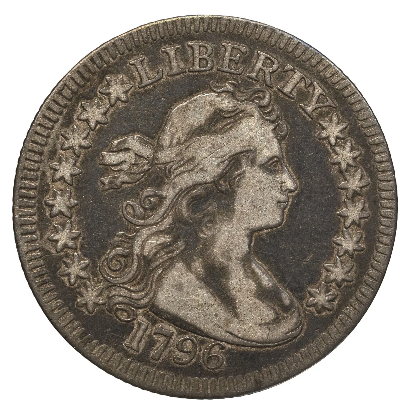 Obverse of a 1796 Draped Bust quarter showing Liberty facing right with LIBERTY above, the date 1796 below and stars flanking the portrait