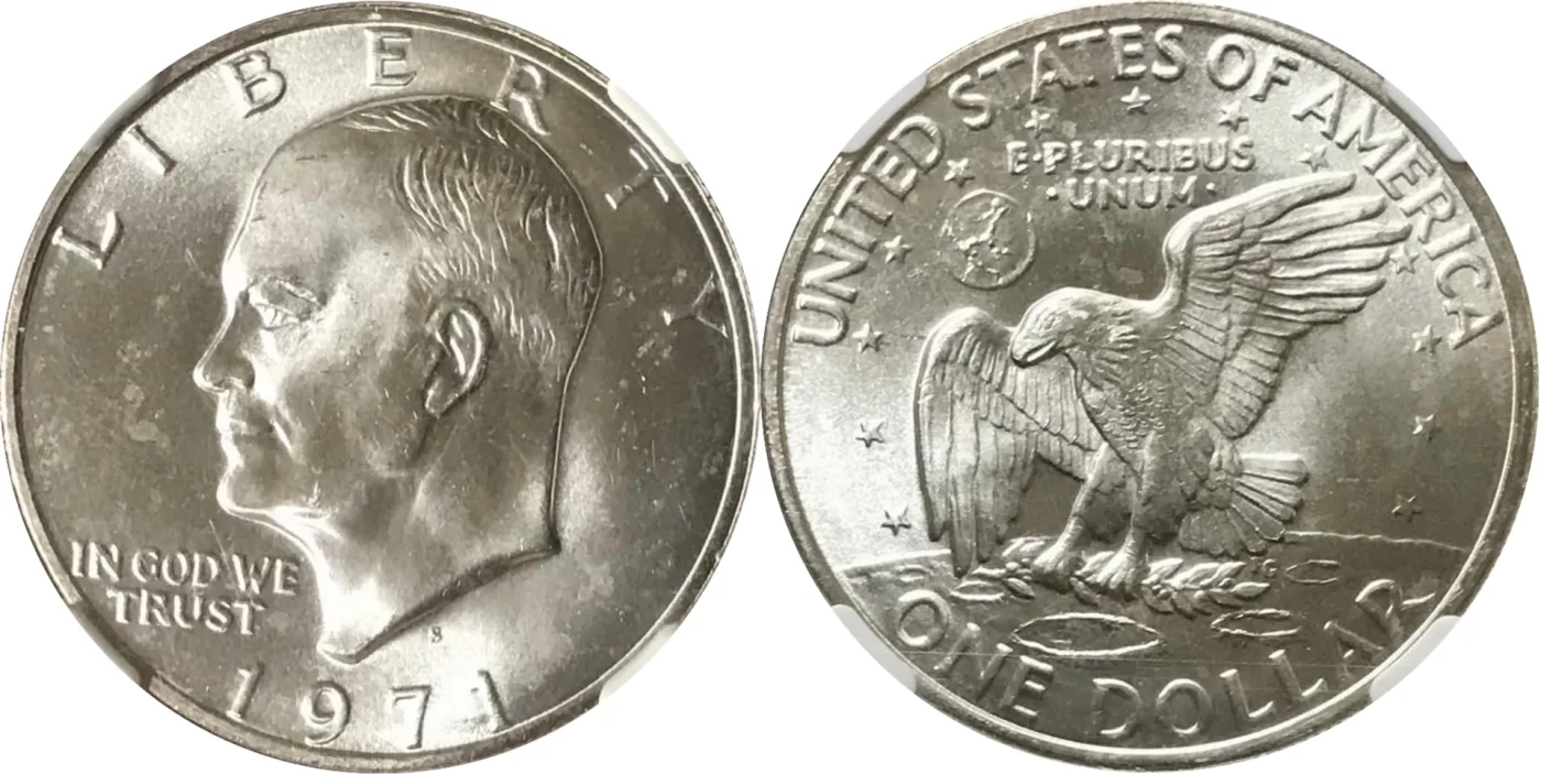 Obverse and reverse of a 1971-S 40 percent silver Eisenhower dollar, showing the left-facing Eisenhower portrait and an eagle landing on the moon