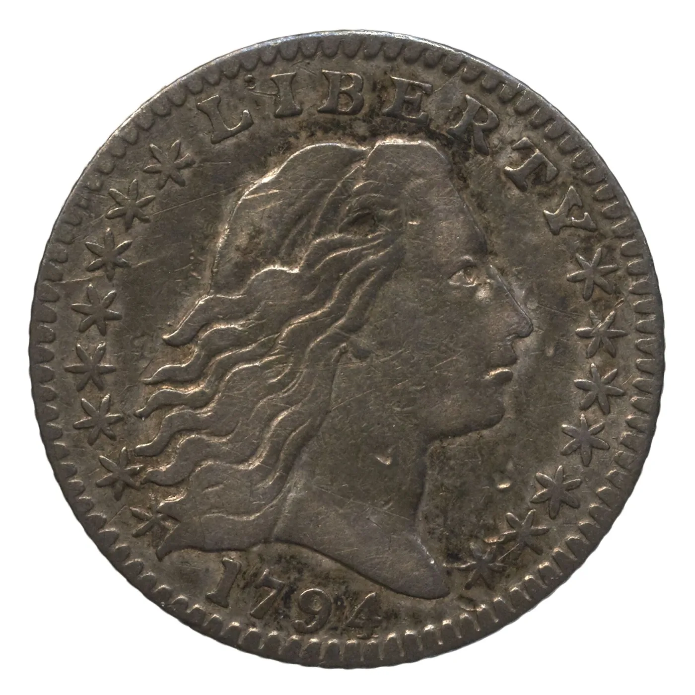 Obverse of a 1794 Flowing Hair half dime, the first year of the denomination, with LIBERTY above and the date 1794 below the bust