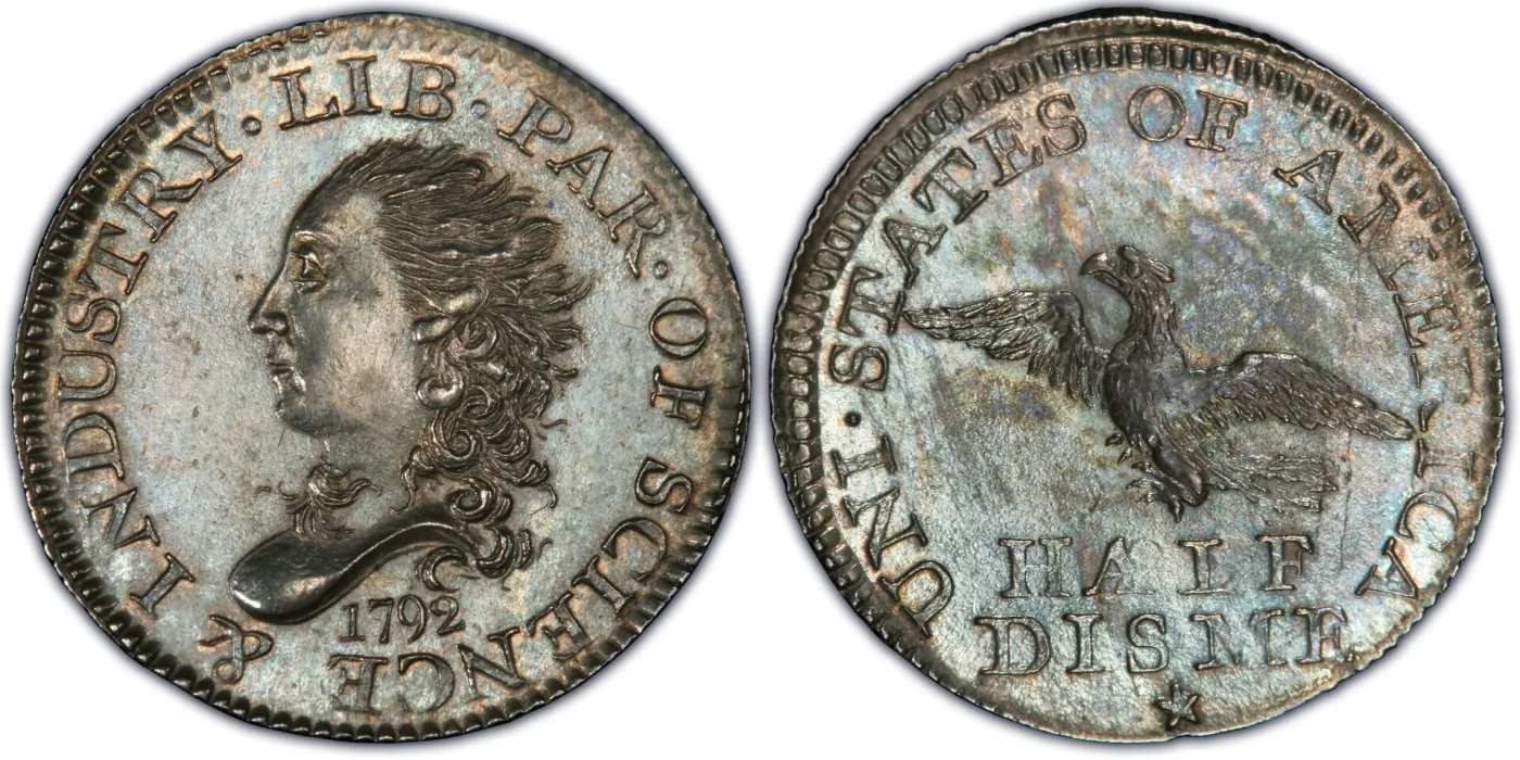 Both sides of a 1792 half disme, the obverse reading LIB PAR OF SCIENCE and INDUSTRY around a different Liberty head, the reverse an eagle in flight above the words HALF DISME