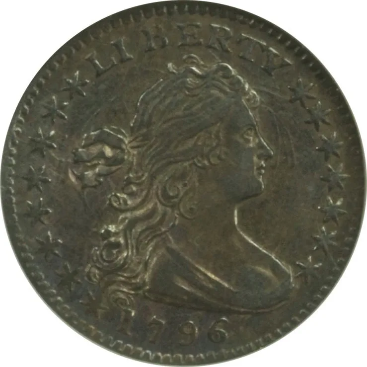 Obverse of a 1796 Draped Bust half dime showing Liberty with a ribbon in her hair and cloth drapery across the bust