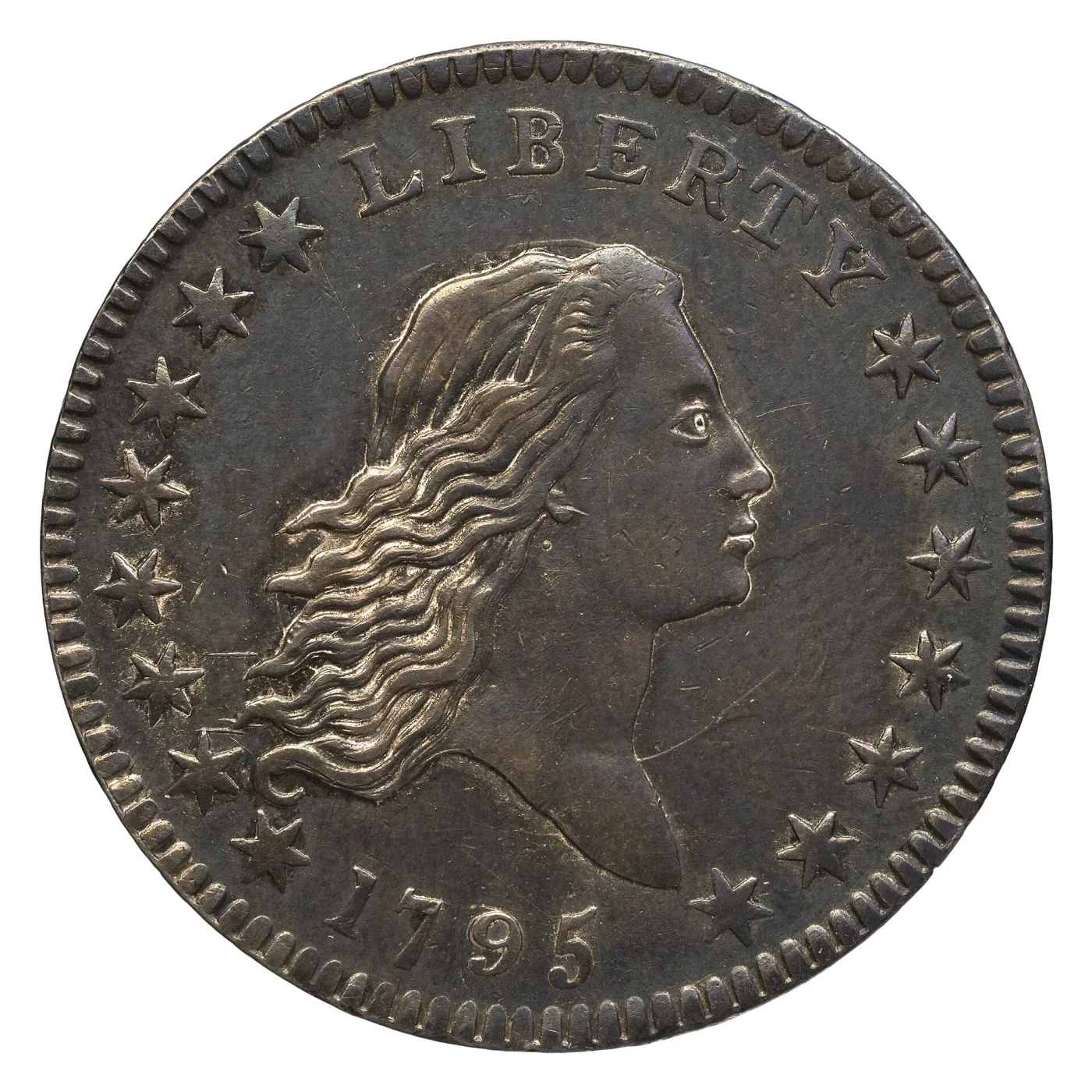 Obverse of a 1795 Flowing Hair half dollar, Liberty facing right with unbound hair, LIBERTY arching above the head, fifteen stars around the portrait and the date 1795 below the bust