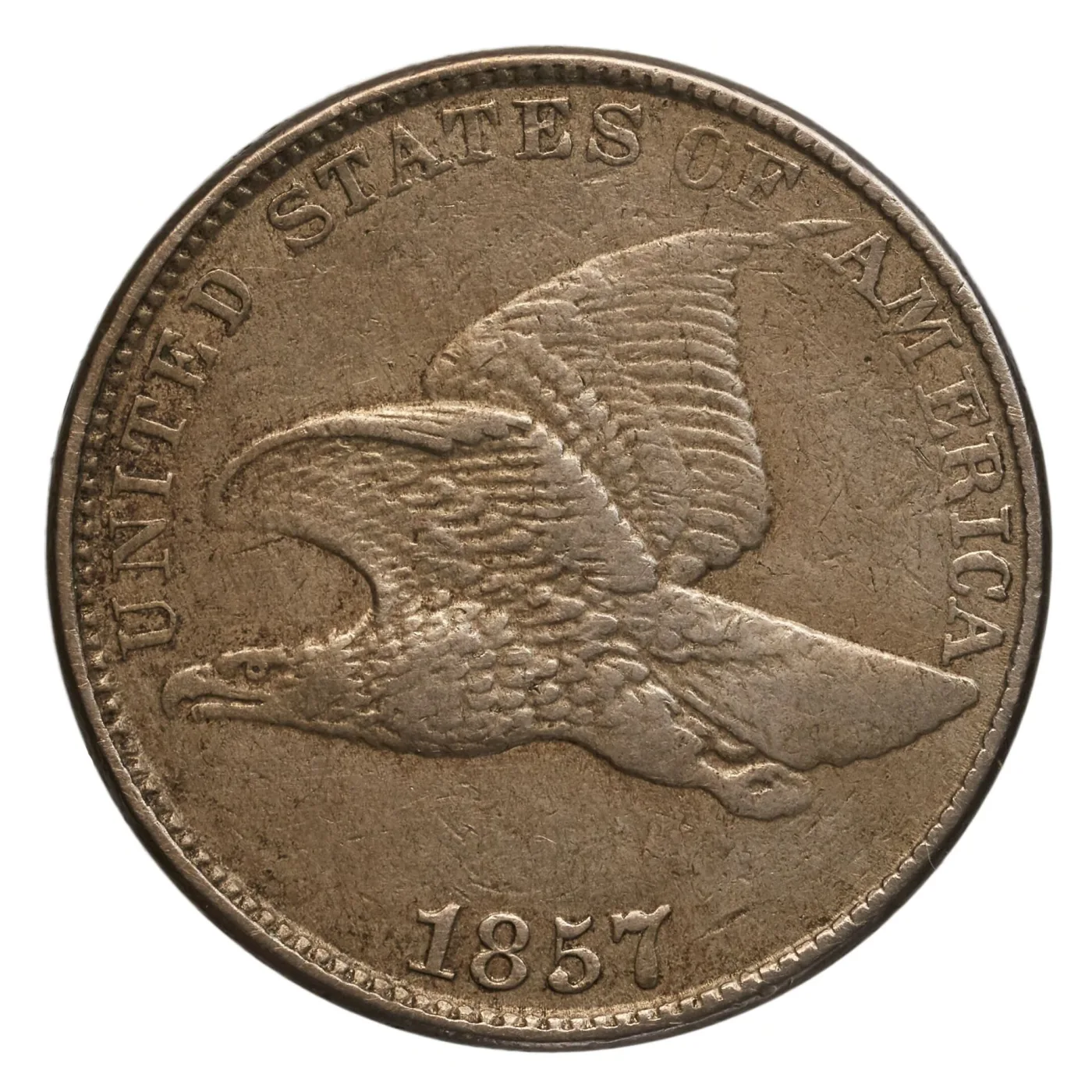 Obverse of an 1857 Flying Eagle cent, the eagle in flight to the left with UNITED STATES OF AMERICA around the rim and the date below