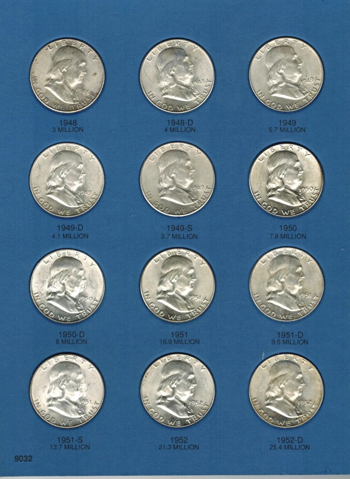 First page of a blue Whitman folder for Franklin half dollars, twelve coins seated in labelled slots running from 1948 to 1952-D with mintages printed beneath each