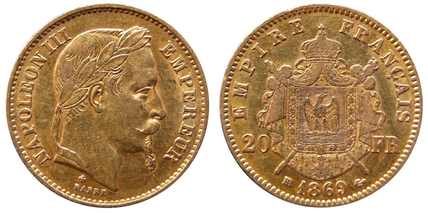 Gold 20 francs of Napoleon III dated 1869 with the doubled letters BB immediately to the left of the date