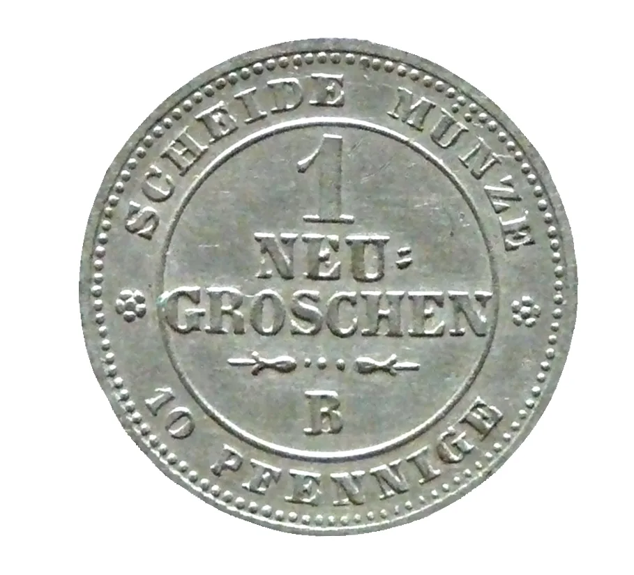 Denomination side of an 1865 Saxon one neugroschen reading SCHEIDE MUNZE, 1 NEU-GROSCHEN, 10 PFENNIGE, with a letter B in the field