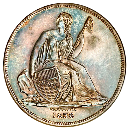 Obverse of an 1836 Gobrecht dollar with C. GOBRECHT F. lettered along the base beneath the seated figure, above the date
