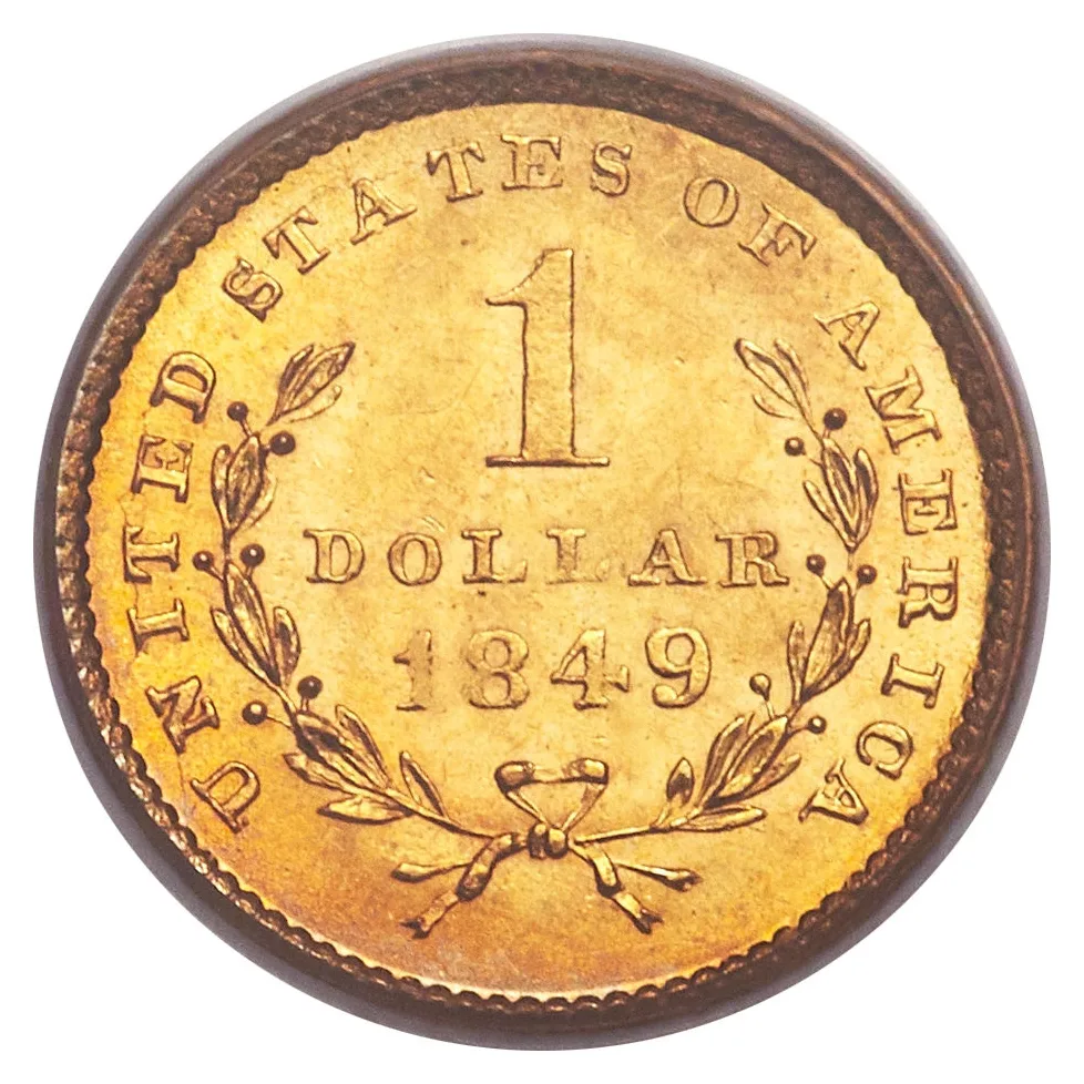 Reverse of an 1849 gold dollar with the Open Wreath, the two branch tips ending low and far apart leaving a wide gap on either side of the numeral 1