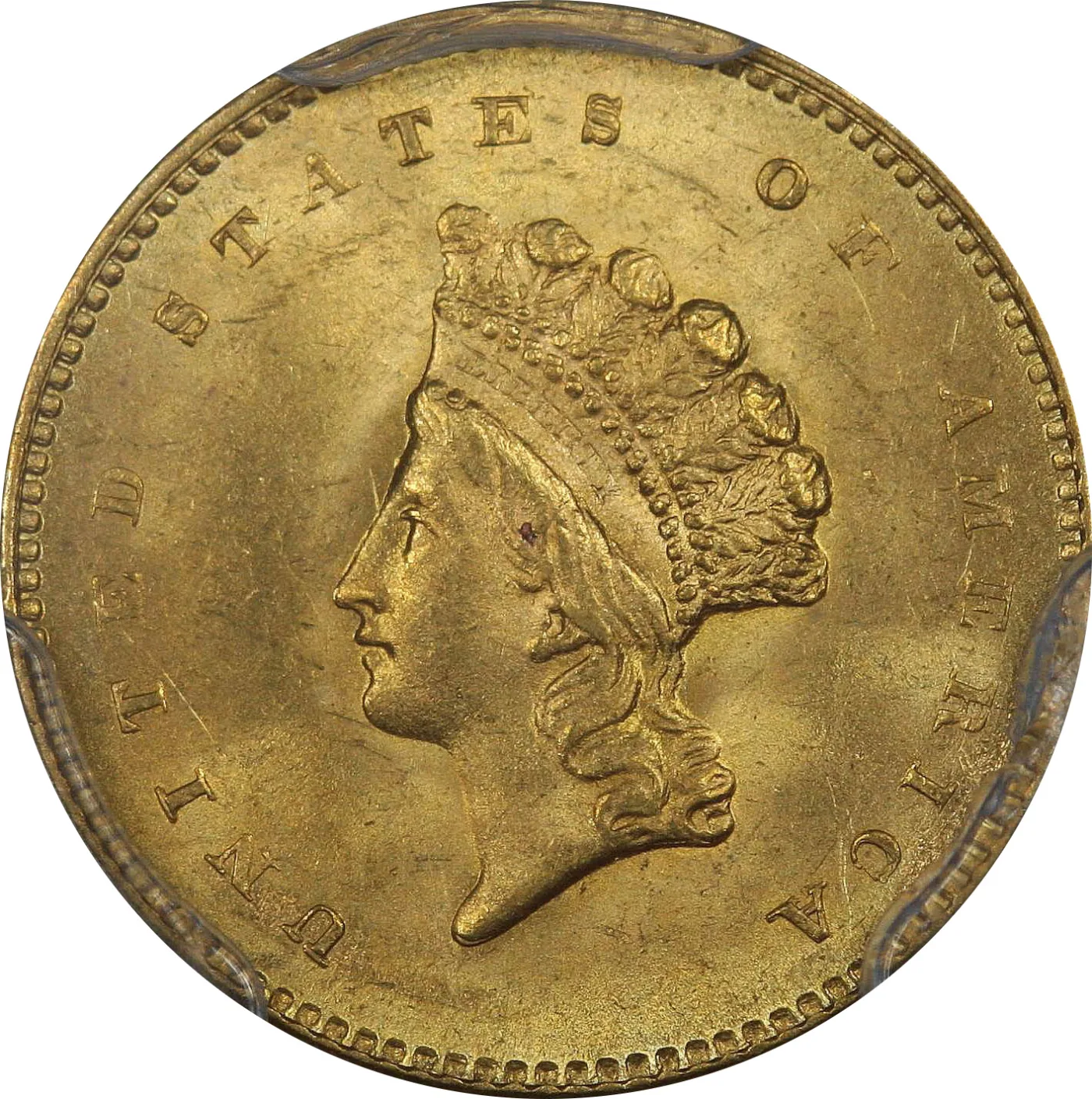 Magnified obverse of a Type 2 gold dollar showing a small Indian Princess head in a beaded feather headdress, with UNITED STATES OF AMERICA in large letters crowding the beaded border