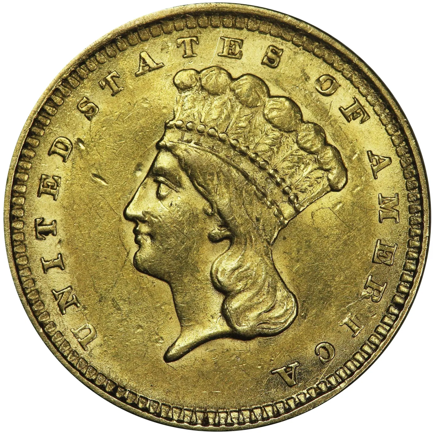 Magnified obverse of a Type 3 gold dollar, the large Indian Princess head filling the field with the headdress running close to the border and finer legend letters set back toward the rim