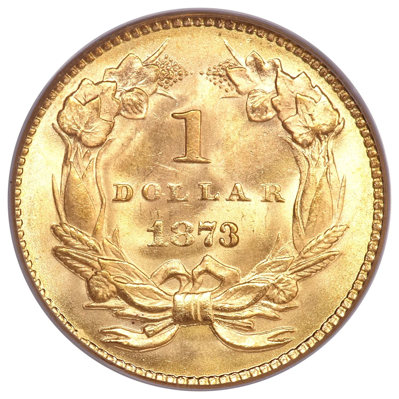 Reverse of an 1873 gold dollar showing the Open 3 in the date, the upper and lower terminals of the 3 flared apart with a clear opening between them