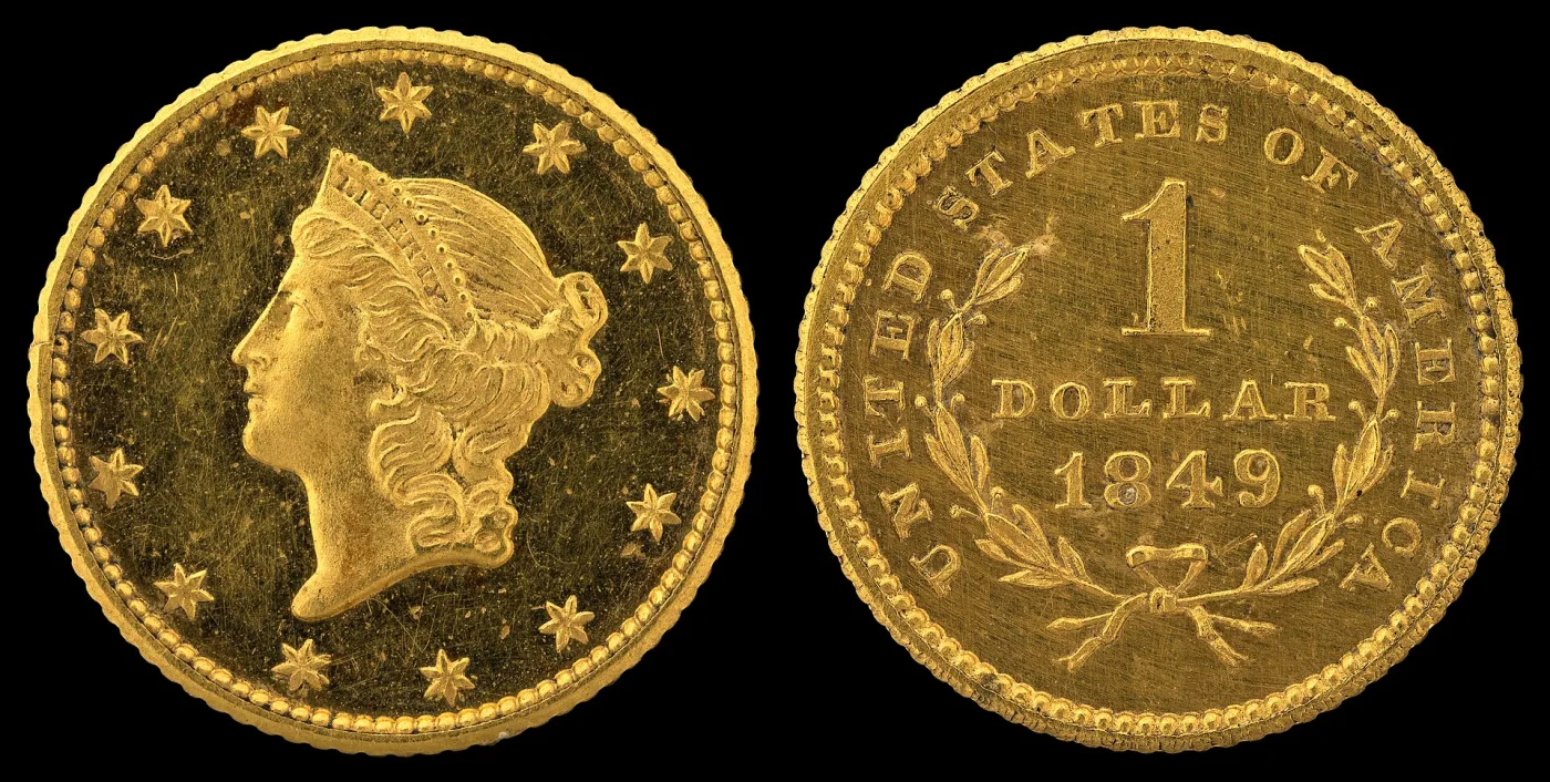 Obverse and reverse of an 1849 Type 1 gold dollar side by side, Liberty facing left in a coronet lettered LIBERTY inside a ring of thirteen stars, and a wreath enclosing 1 DOLLAR above the date 1849