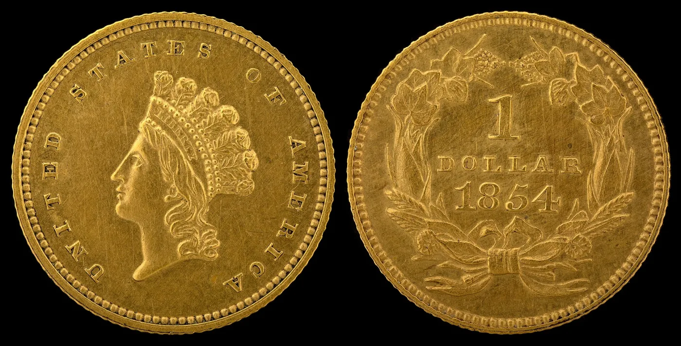 Obverse and reverse of an 1854 Type 2 gold dollar, a small Indian Princess head in a feathered headdress with UNITED STATES OF AMERICA in large letters around the rim, and an agricultural wreath enclosing 1 DOLLAR above 1854