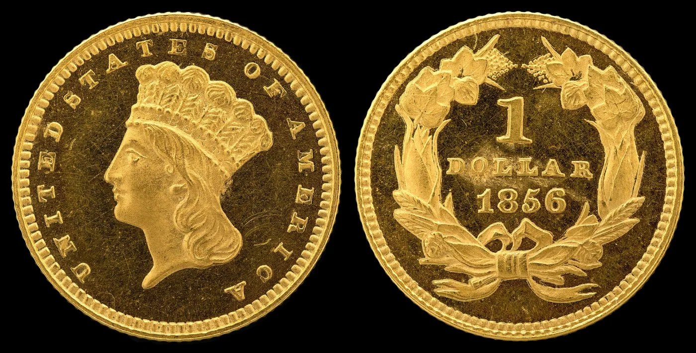 Obverse and reverse of an 1856 Type 3 gold dollar, a large Indian Princess head filling the field with finer legend letters, and the same agricultural wreath enclosing 1 DOLLAR above 1856