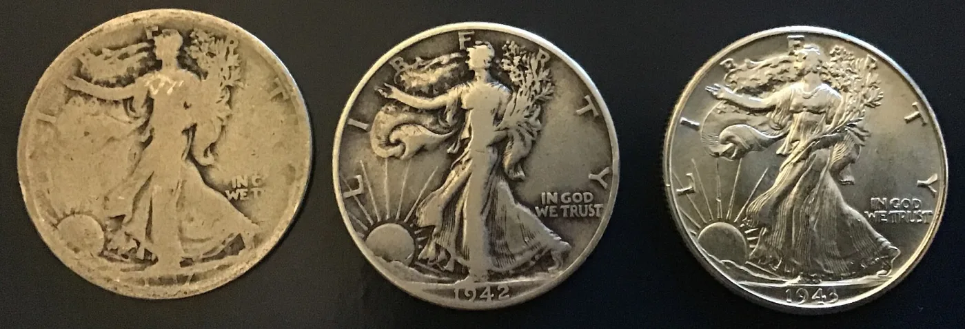 Three Walking Liberty half dollars side by side showing progressively less wear, graded About Good, Fine and About Uncirculated