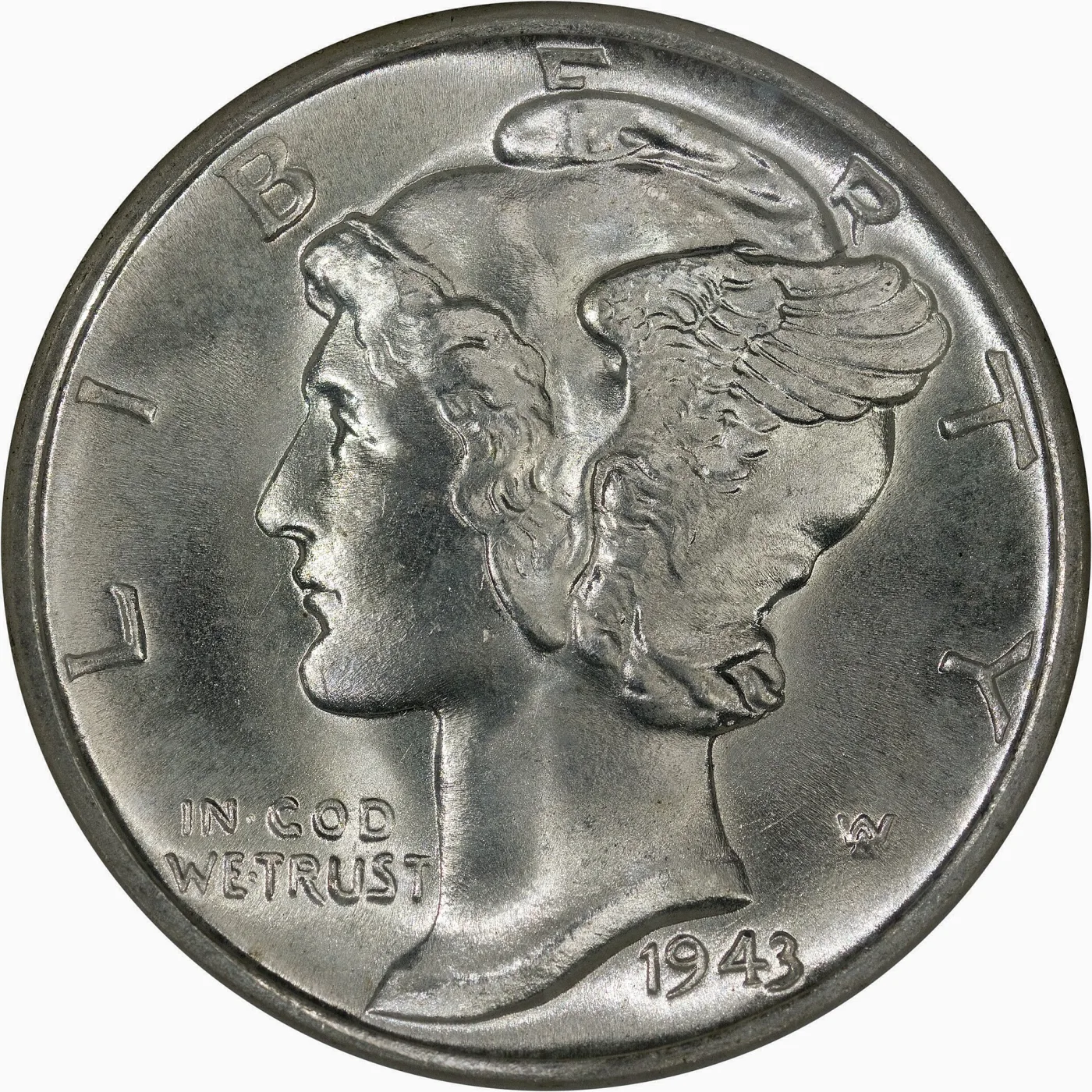 Obverse of an uncirculated 1943 Mercury dime with unbroken surfaces on the cheek, the hair above the ear and the wing feathers