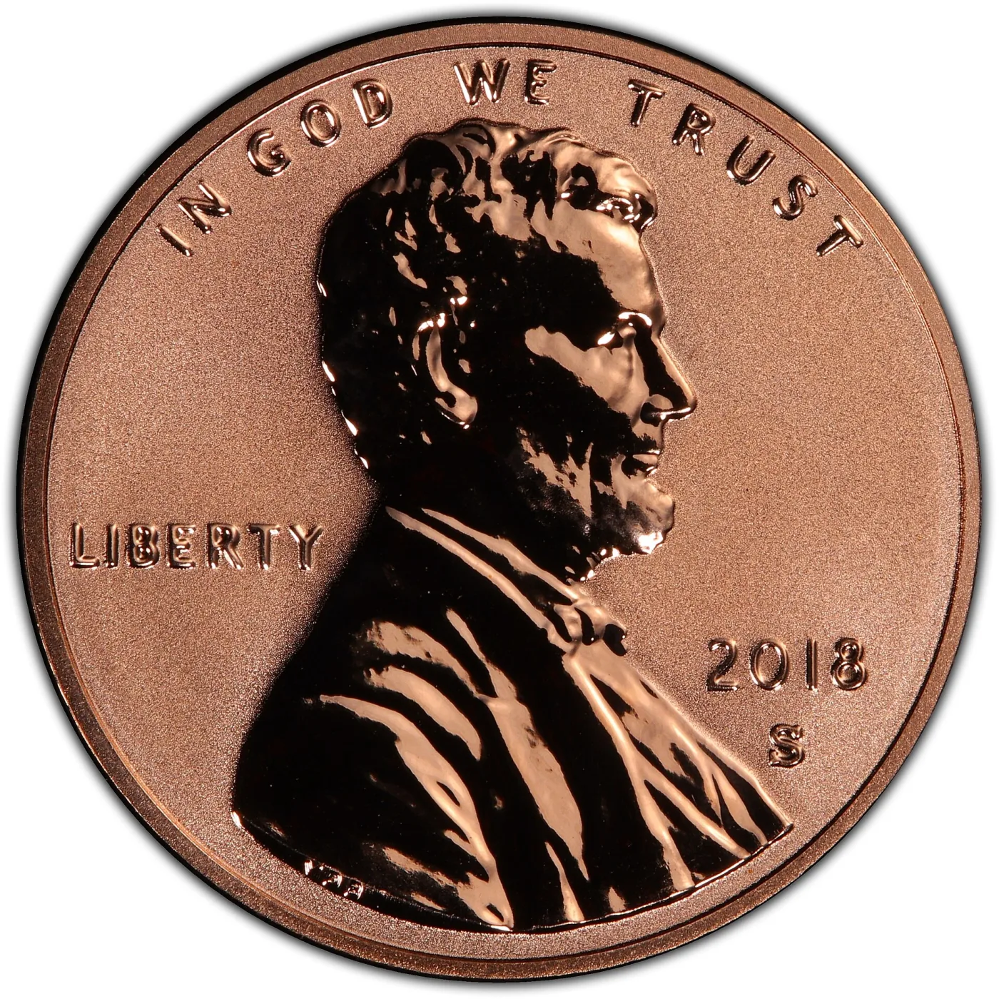 Obverse of a 2018-S proof Lincoln cent with the contrast inverted, the field satin-textured and Lincoln's portrait polished to a mirror