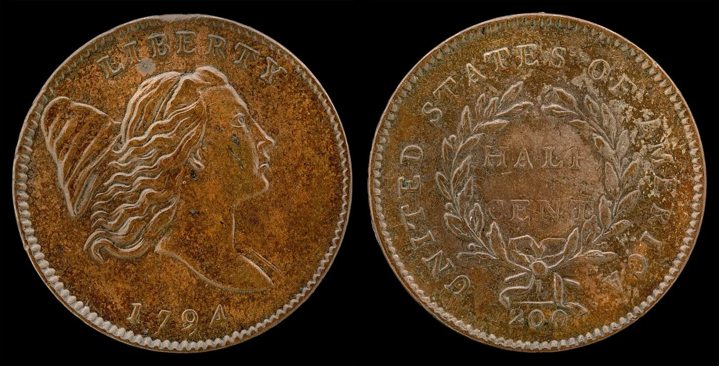 Obverse and reverse of a 1794 Liberty Cap half cent, Liberty facing right with the cap and pole behind her head, and a reverse reading HALF CENT with the fraction 1/200 below the wreath bow