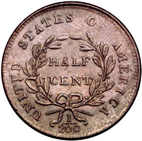 Reverse of an 1800 Draped Bust half cent showing HALF CENT within a wreath and the fraction 1/200 beneath the bow