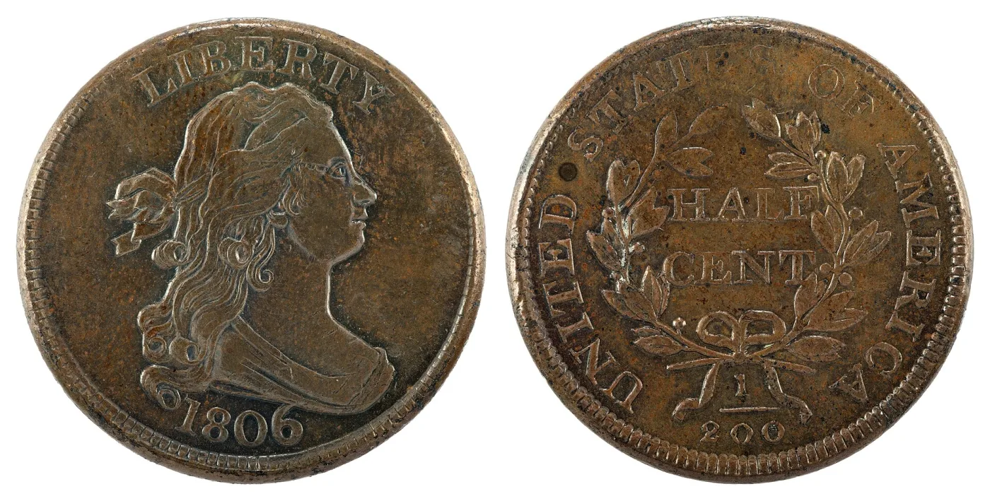 Obverse and reverse of an 1806 Draped Bust half cent, Liberty facing right with a ribbon in her hair and drapery at the bust, and a reverse reading HALF CENT above the fraction 1/200