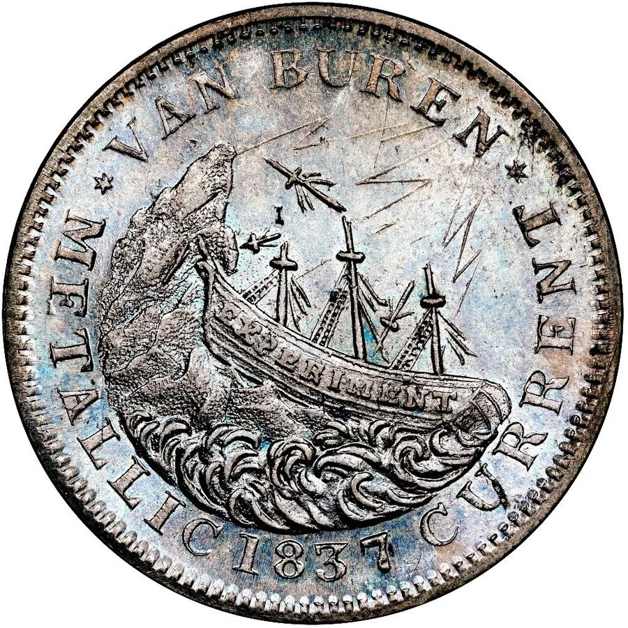 The other side of the same token showing a dismasted ship foundering in heavy waves, legend VAN BUREN METALLIC CURRENCY 1837