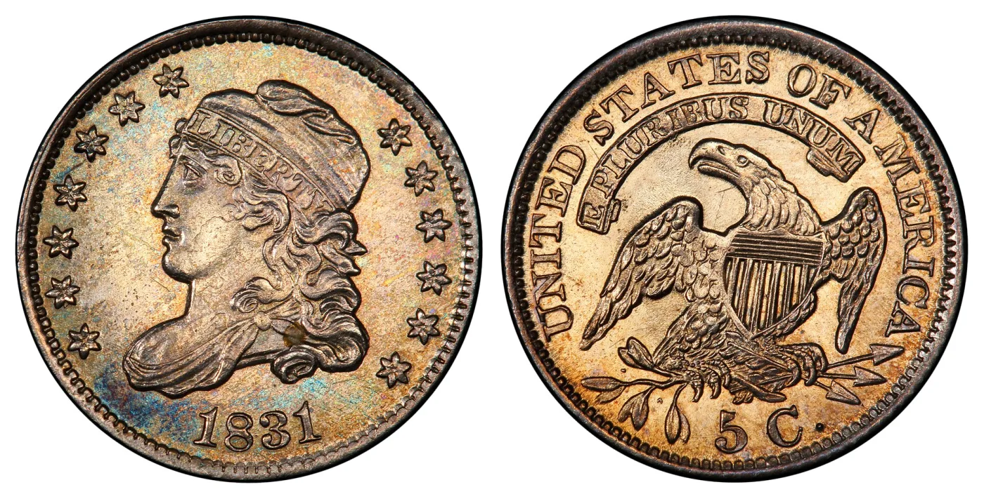 Obverse and reverse of an 1831 United States half dime, a capped bust of Liberty on one side and an eagle with a shield on the other, both toned