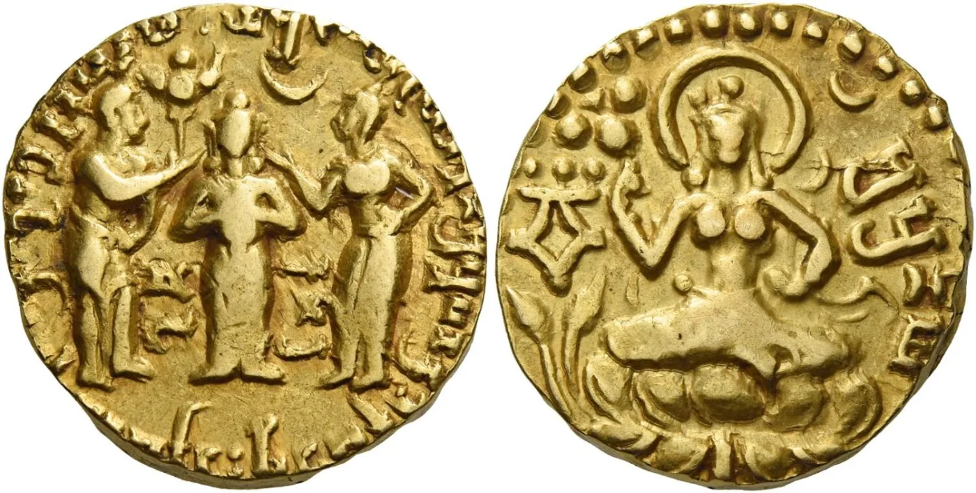 Gupta gold dinara of Kumaragupta I with figures on the obverse and a seated goddess on a lotus on the reverse