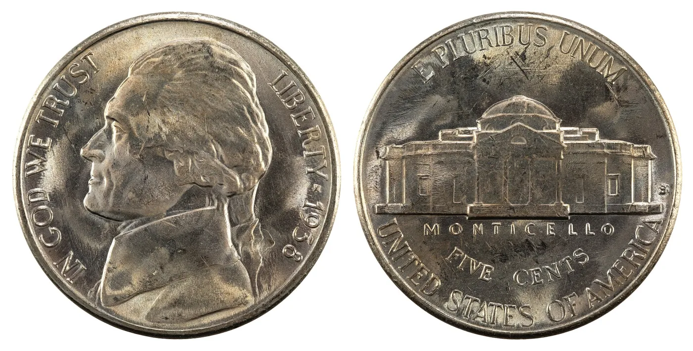 Obverse and reverse of a 1938 Jefferson nickel from the National Numismatic Collection, with a small S mint mark in the field to the right of Monticello between the building and the rim