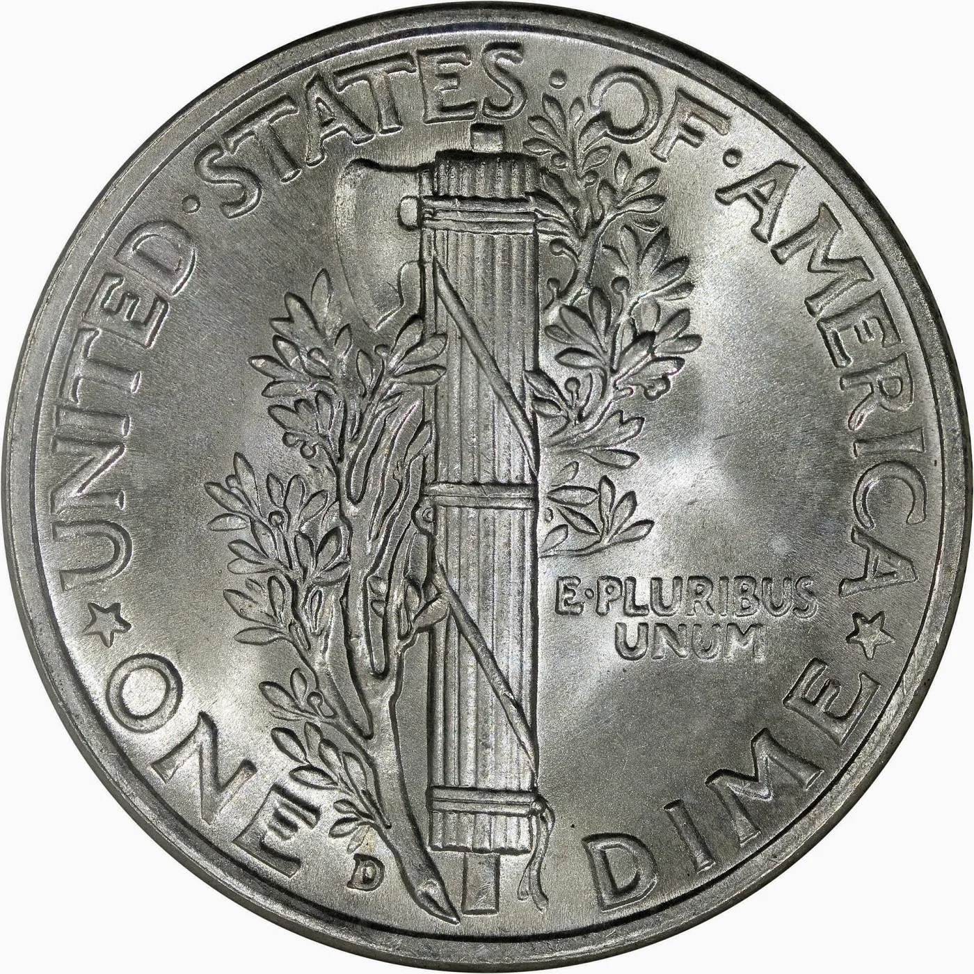 Reverse of a 1943-D Mercury dime showing the fasces and olive branch, with the D mint mark at the lower left beside ONE