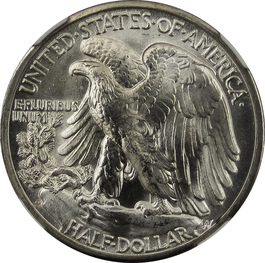 Reverse of a 1945-D Walking Liberty half dollar showing the perched eagle and pine sapling, with the D mint mark at the lower left