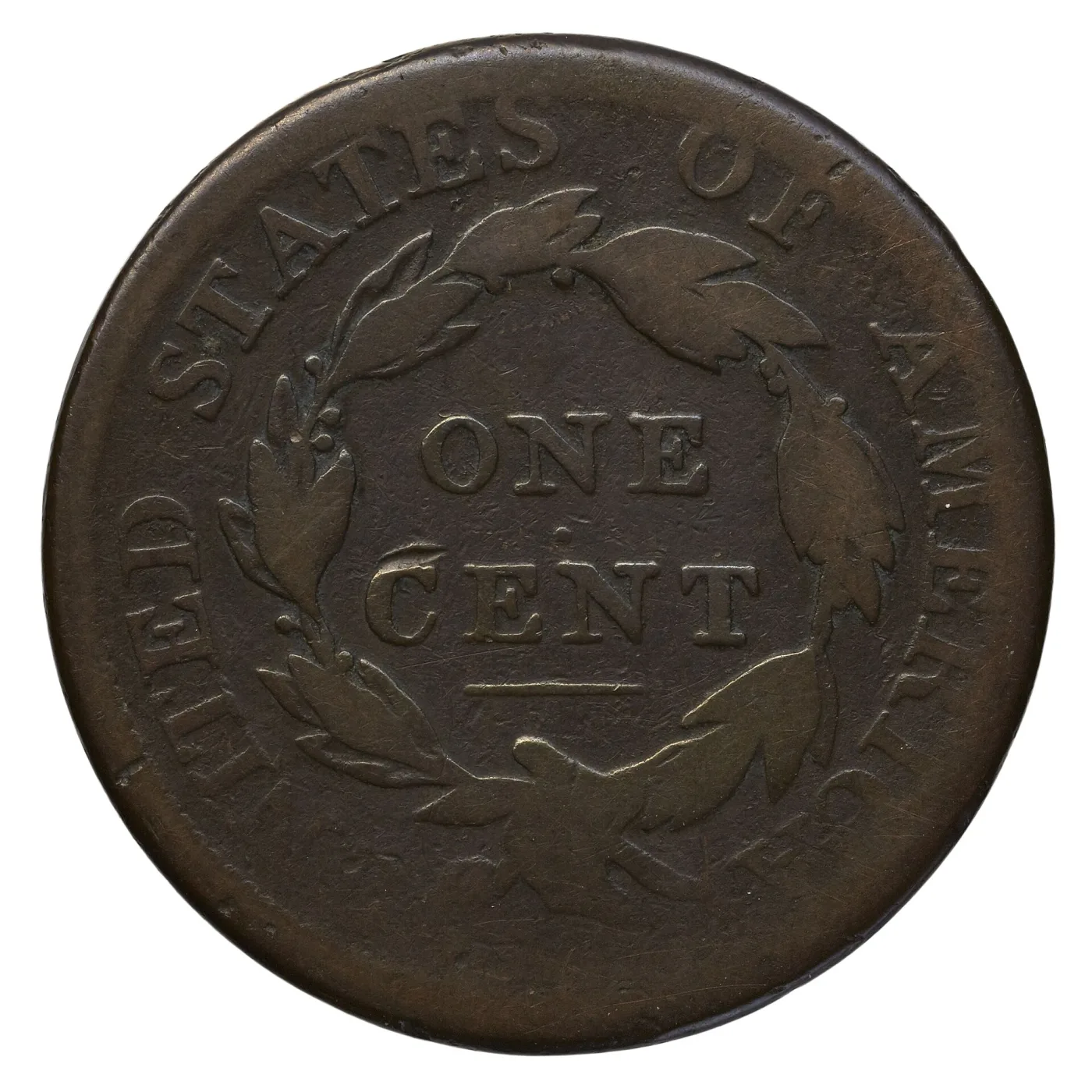 Reverse of an 1813 Classic Head cent, wreath around ONE CENT with a plain bar beneath and no fraction